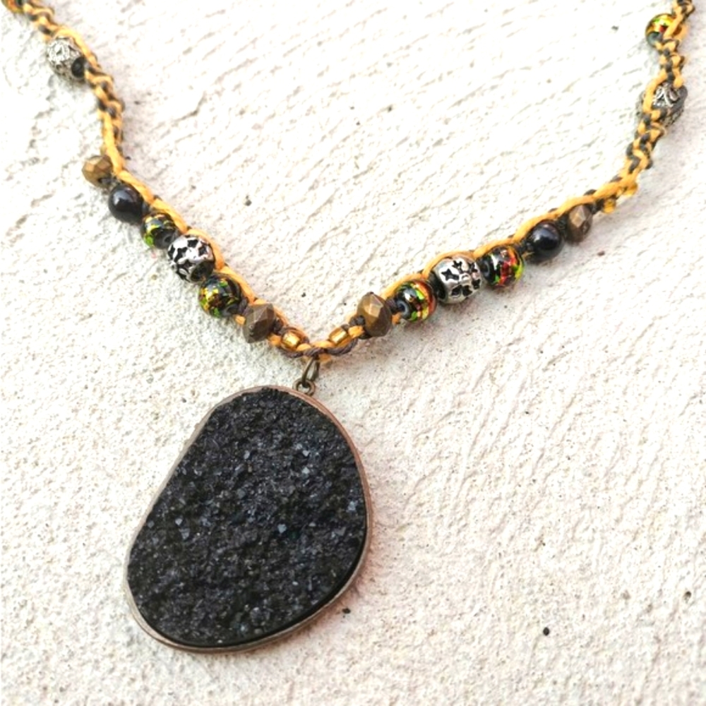 Black Druzy Rock Pendant Macrame Beaded Hemp Necklace
